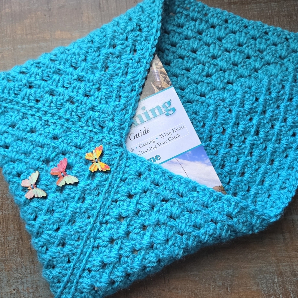 Crochet Teal Book Sleeve Cover  with Butterfly Accents - Adjustable Sizing NEW!